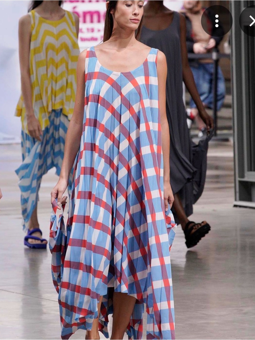 Issey Miyake Blue White Checked Pleated Flowy Midi Dress | S